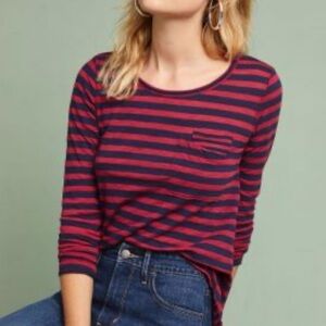 Anthropologie 9H15 St Cloud Red Navy Striped Textured Long Sleeve Pocket Tee